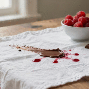 Nappe blanche tachée de chocolat fondu et de jus de fruits rouges après un goûter