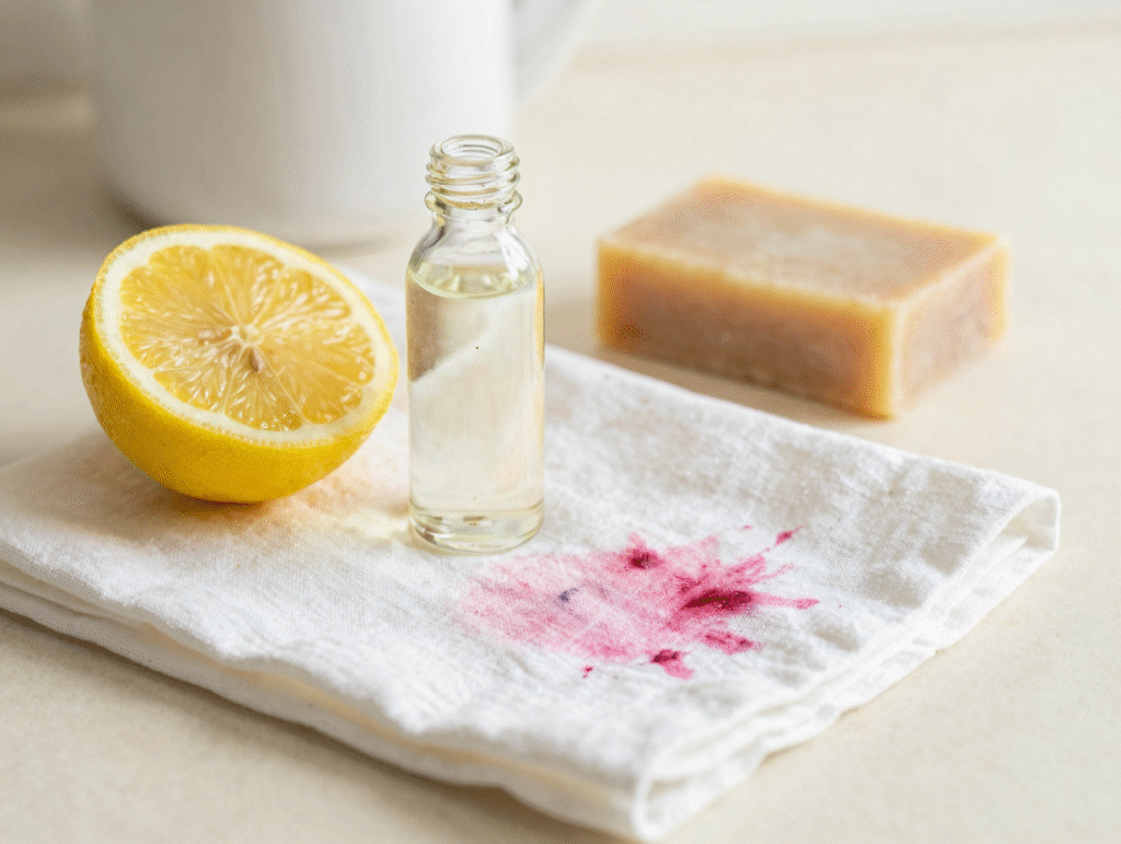 Citron et vinaigre blanc posés près d'une serviette tachée de fruits rouges en train de pâlir