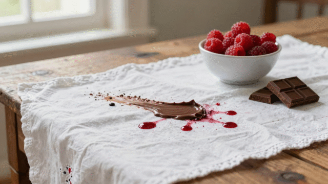 Nappe blanche tachée de chocolat fondu et de jus de fruits rouges après un goûter