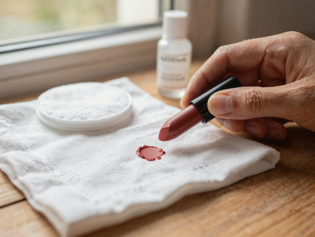 Chiffon blanc tamponnant une trace de rouge à lèvres sur un tissu clair