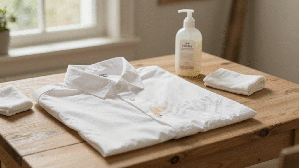 Col de chemise blanche taché de fond de teint posé à plat sur une table en bois