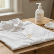 Col de chemise blanche taché de fond de teint posé à plat sur une table en bois