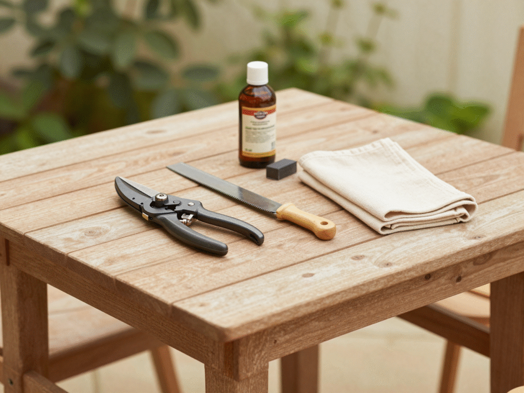 Outils de taille propres posés sur une table de jardin