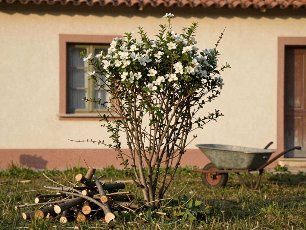 Arbuste fraîchement taillé avec les branches coupées au sol