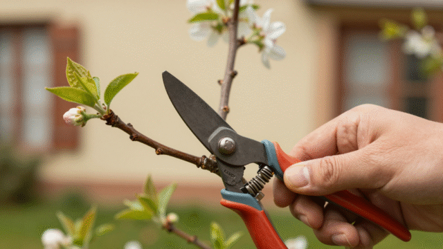 Sécateur propre coupant une branche d'arbuste en fleurs au jardin