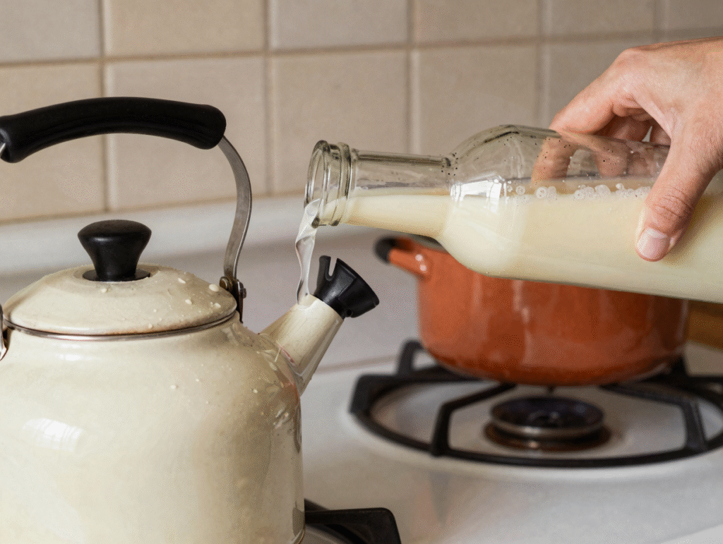 Vinaigre blanc versé dans une bouilloire entartrée pour la détartrer