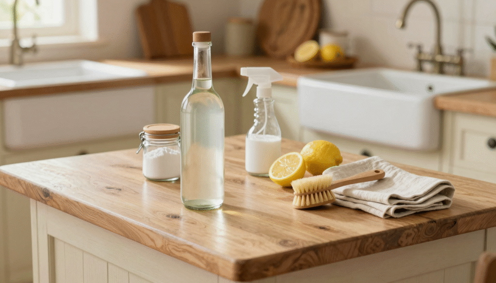 Bouteille de vinaigre blanc entourée d'accessoires de ménage naturels sur un plan de travail de cuisine rustique
