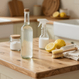 Bouteille de vinaigre blanc entourée d'accessoires de ménage naturels sur un plan de travail de cuisine rustique