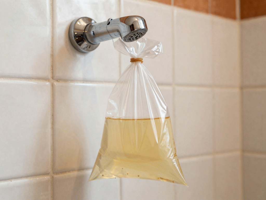 Sachet de vinaigre blanc fixé autour d'un pommeau de douche entartré
