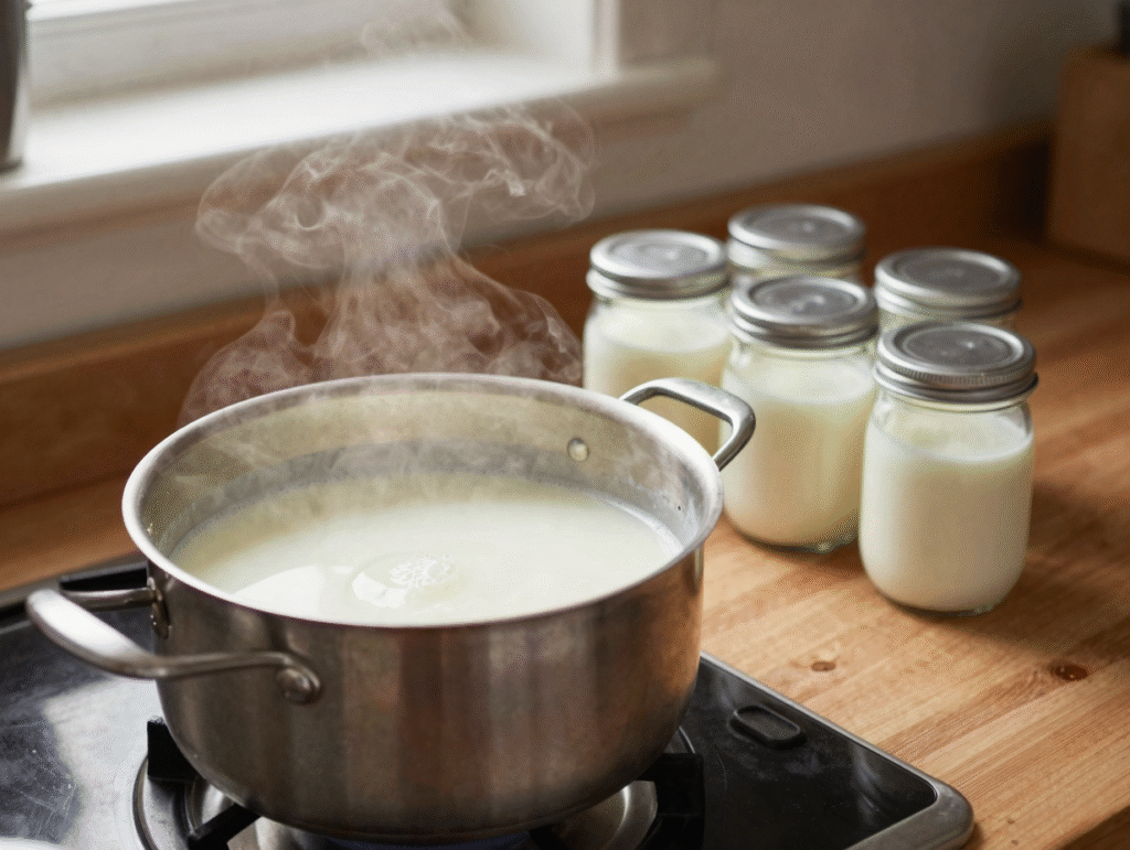 Lait entier qui chauffe doucement dans une casserole, pots en verre alignés à côté