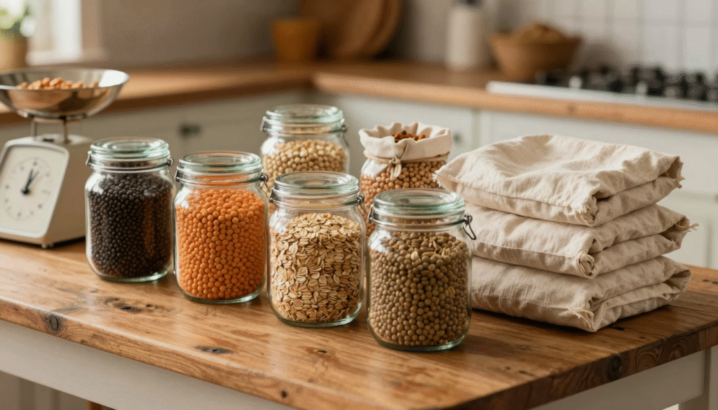 Bocaux en verre remplis de légumineuses et d'épices avec des sacs en tissu et une balance de cuisine