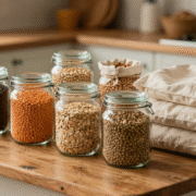 Bocaux en verre remplis de légumineuses et d'épices avec des sacs en tissu et une balance de cuisine