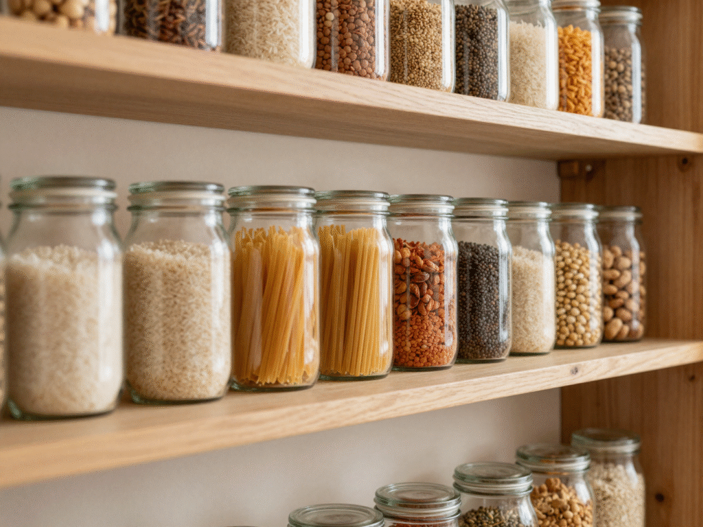 Étagère de garde-manger garnie de bocaux en verre remplis de riz, légumineuses et épices