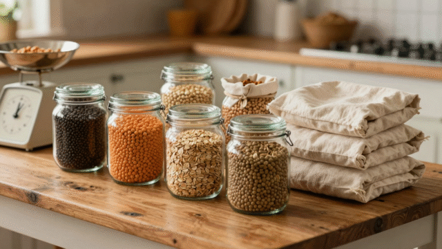 Bocaux en verre remplis de légumineuses et d'épices avec des sacs en tissu et une balance de cuisine