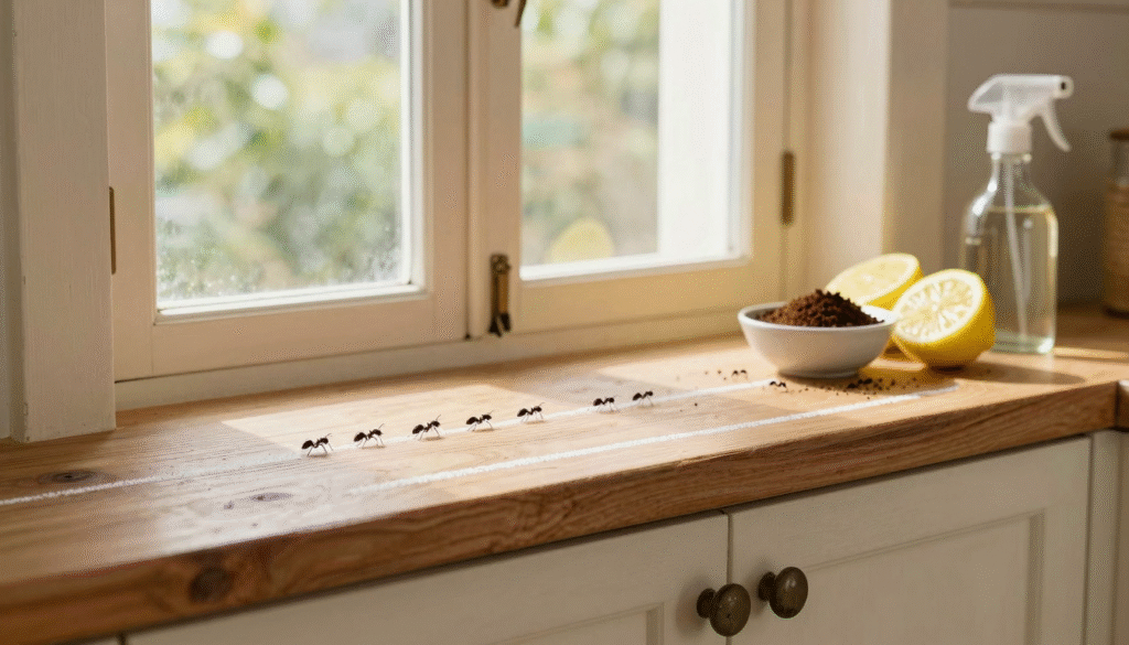 Rebord de fenêtre de cuisine avec trait de craie, citrons coupés, marc de café et vaporisateur de vinaigre contre les fourmis