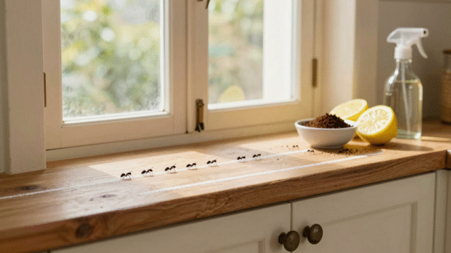 Rebord de fenêtre de cuisine avec trait de craie, citrons coupés, marc de café et vaporisateur de vinaigre contre les fourmis