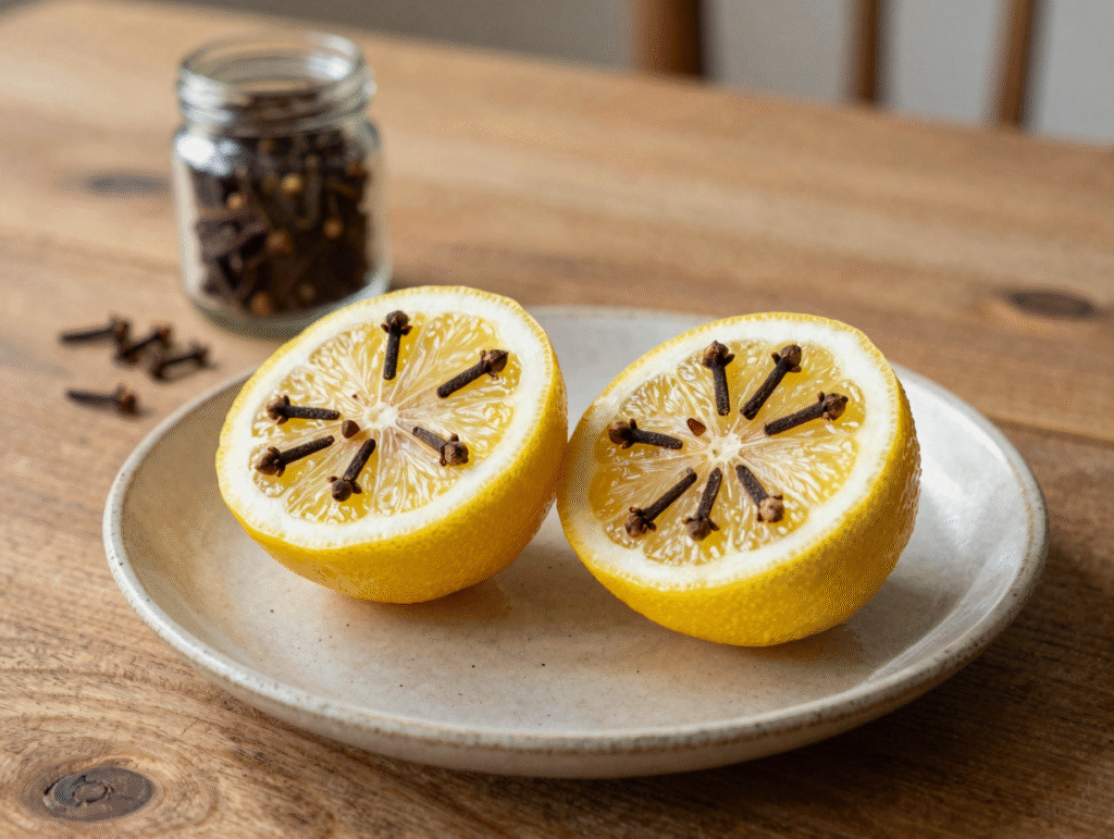 Deux moitiés de citron piquées de clous de girofle posées sur une assiette en céramique