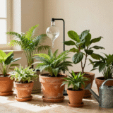 Plantes d'intérieur regroupées dans une pièce fraîche, avec une bouteille retournée plantée dans un grand pot en terre cuite