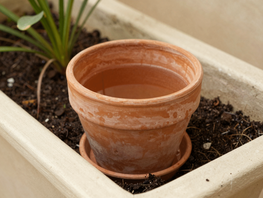 Oya maison en terre cuite enterré jusqu'au col dans une jardinière, couvert d'une soucoupe