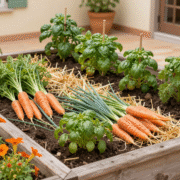 Carré de potager avec rangs alternés de carottes et poireaux, tomates tuteurées et capucines en bordure