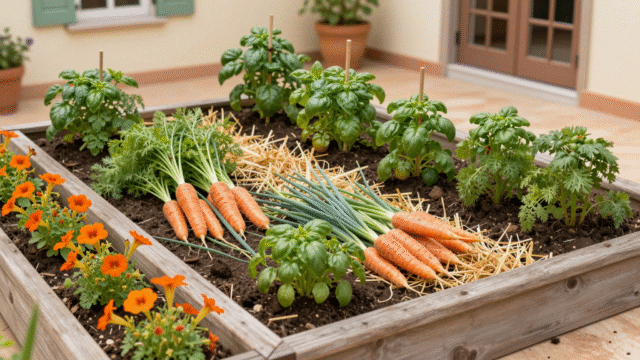 Carré de potager avec rangs alternés de carottes et poireaux, tomates tuteurées et capucines en bordure