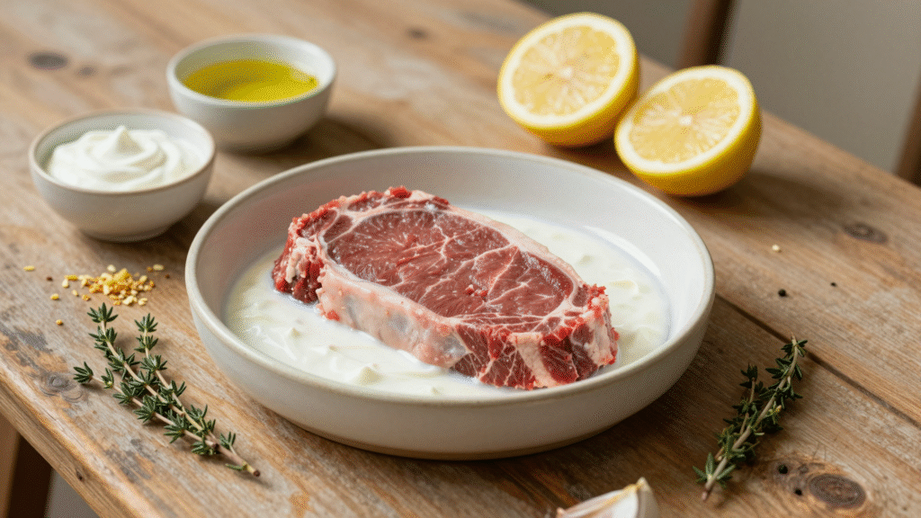 Pièce de bœuf crue dans un plat en céramique avec une marinade au yaourt et au citron, entourée des ingrédients