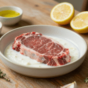 Pièce de bœuf crue dans un plat en céramique avec une marinade au yaourt et au citron, entourée des ingrédients