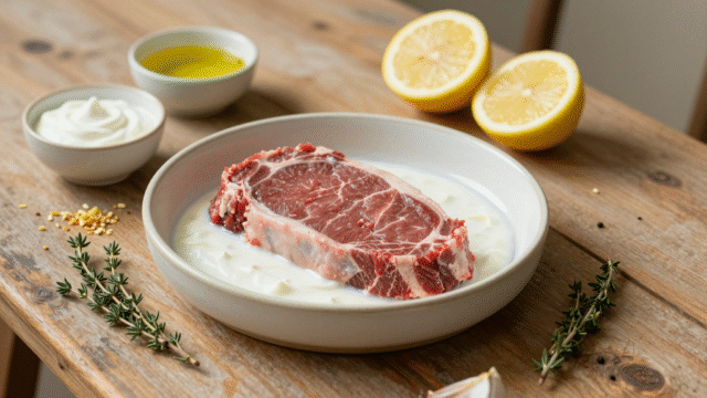 Pièce de bœuf crue dans un plat en céramique avec une marinade au yaourt et au citron, entourée des ingrédients