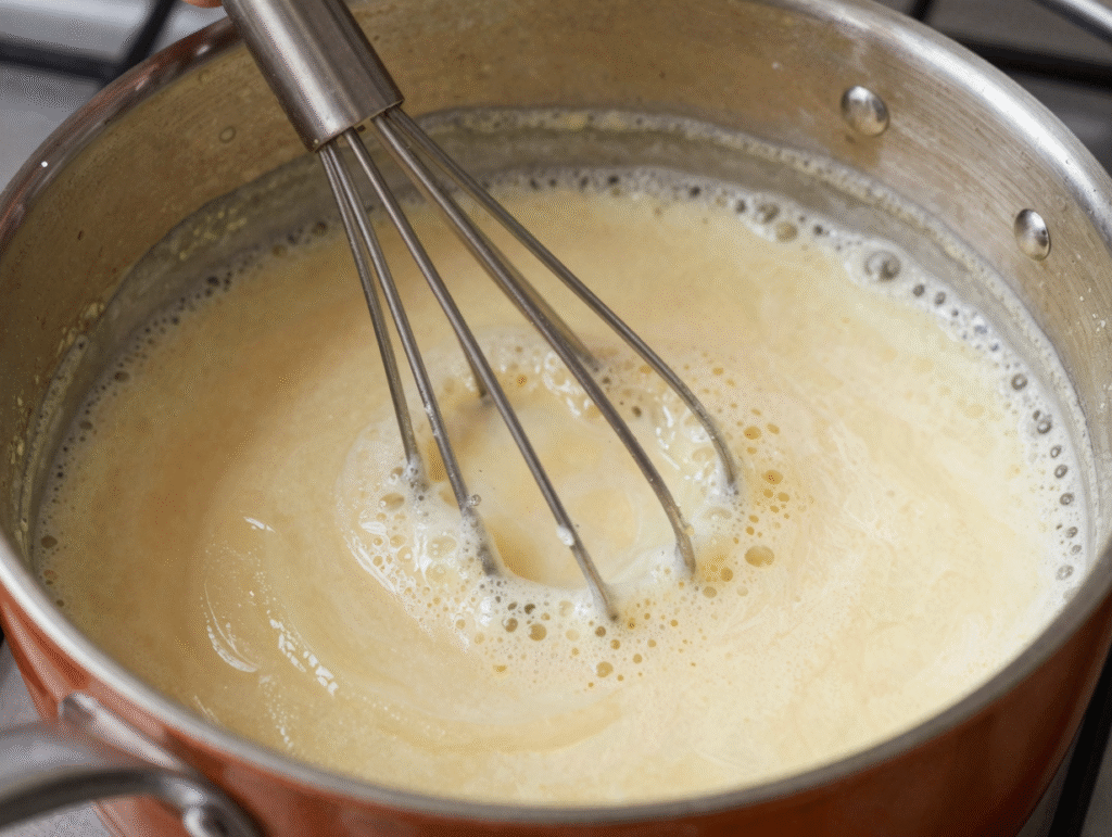 Roux blond de beurre et farine mousseux, travaillé au fouet dans une casserole