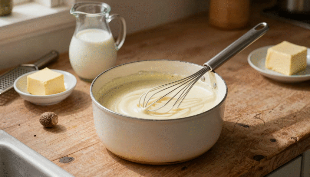 Casserole de béchamel lisse avec un fouet, pichet de lait tiède, noix de muscade et râpe