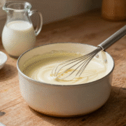 Casserole de béchamel lisse avec un fouet, pichet de lait tiède, noix de muscade et râpe