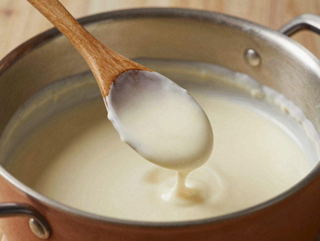 Dos d'une cuillère nappé de béchamel avec une trace nette tracée au doigt