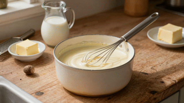 Casserole de béchamel lisse avec un fouet, pichet de lait tiède, noix de muscade et râpe