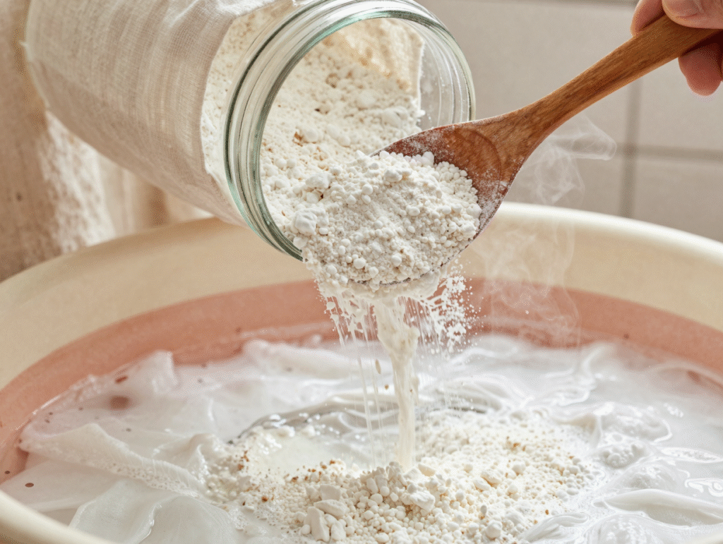 Percarbonate de soude versé dans une bassine d'eau chaude pour un trempage du linge blanc