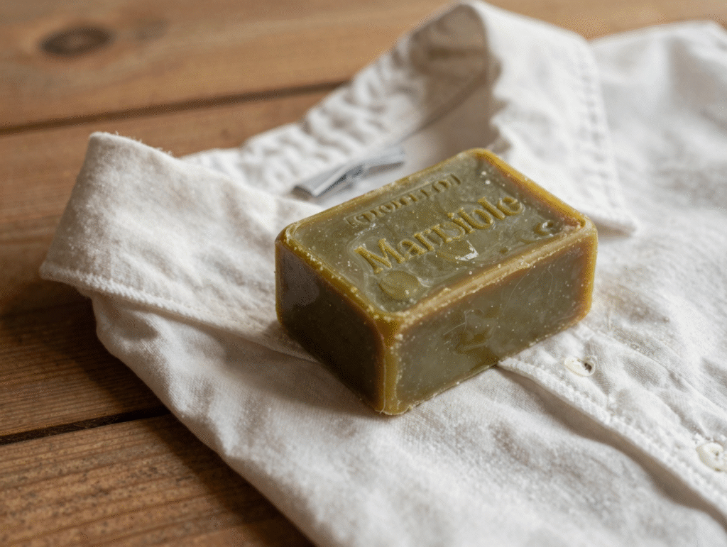 Cube de savon de Marseille posé sur le col humide d'une chemise blanche, traces de savon visibles