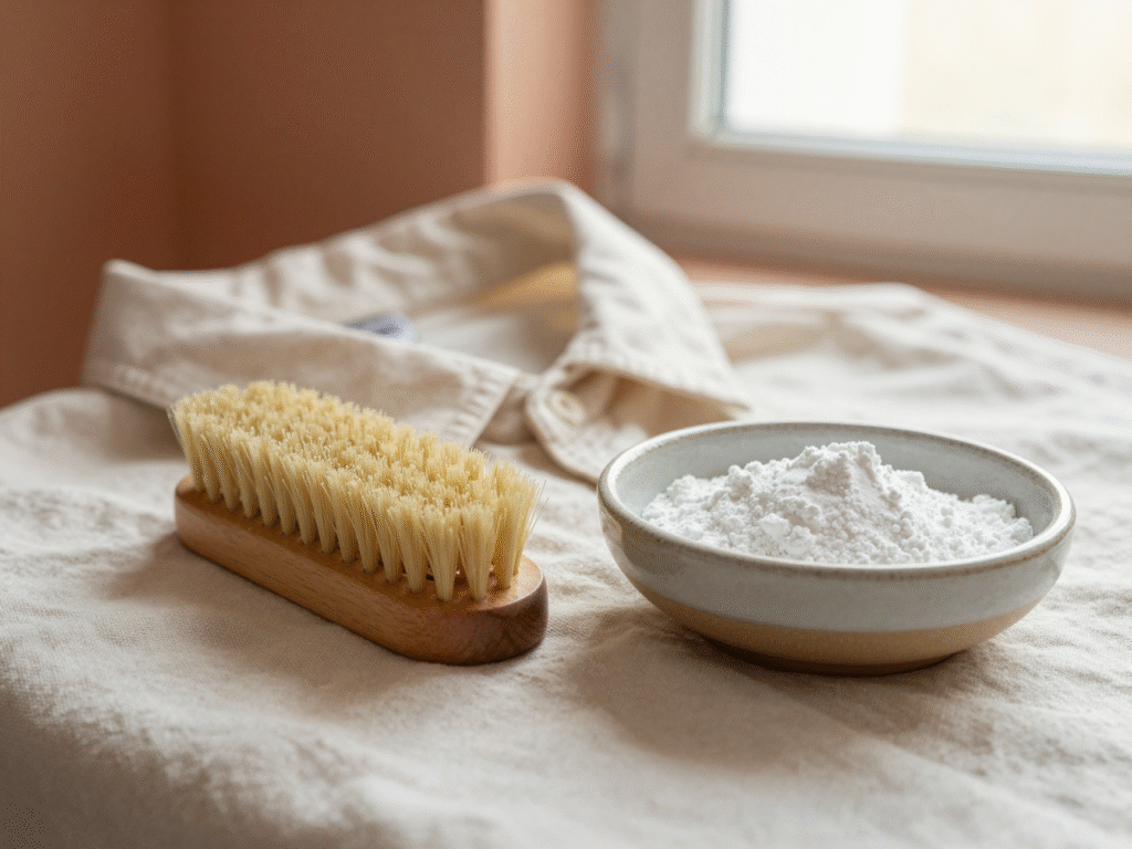 Brosse douce en bois et bol de pâte de bicarbonate à côté d'un col de chemise