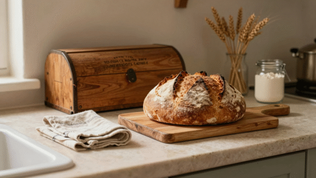 Miche de pain de campagne sur une planche en bois avec torchon de lin et huche à pain ancienne en arrière-plan