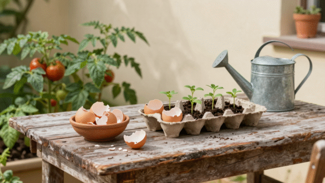 Table de jardin avec bol de coquilles d'œufs broyées et semis en demi-coquilles devant un potager