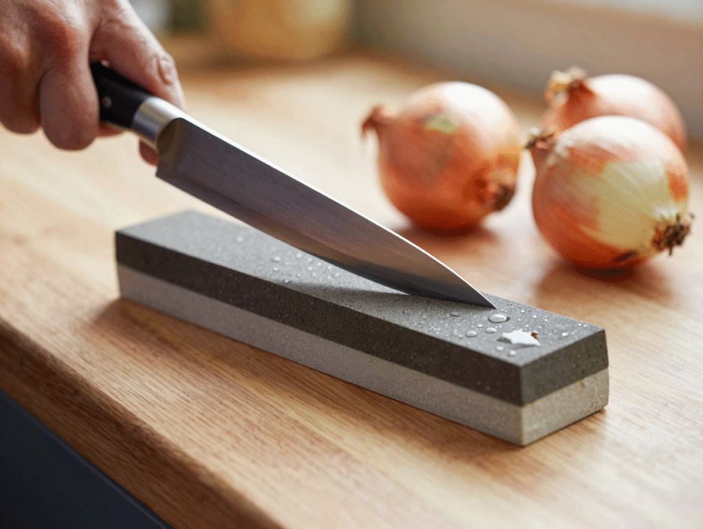 Affûtage d'un couteau de cuisine sur une pierre à aiguiser, des oignons en arrière-plan