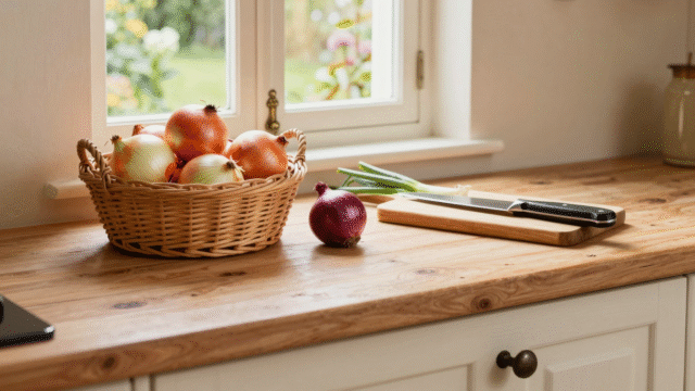 Oignons jaunes dans un panier en osier à côté d'une planche à découper et d'un couteau de cuisine