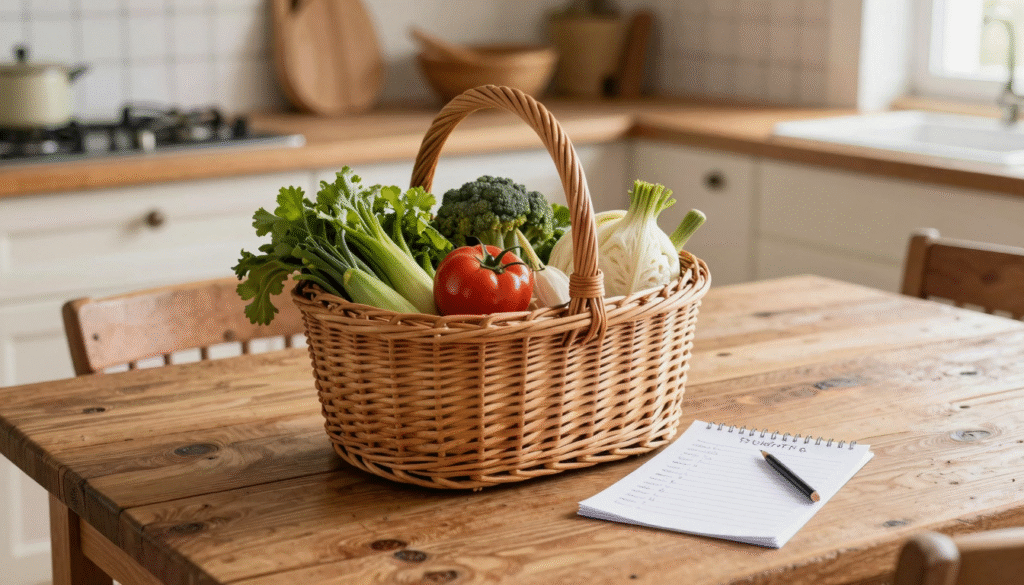 Panier en osier rempli de légumes de saison à côté d'une liste de courses manuscrite