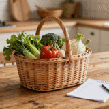 Panier en osier rempli de légumes de saison à côté d'une liste de courses manuscrite