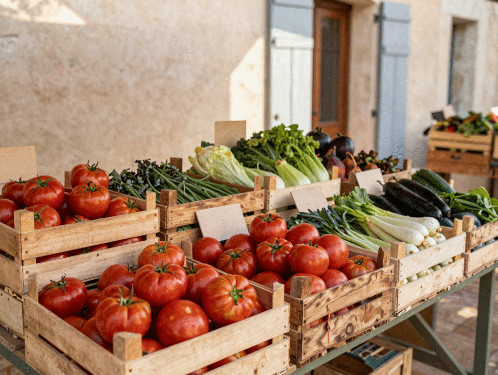 Étal de marché en fin de matinée avec des cageots de légumes mûrs à prix réduits
