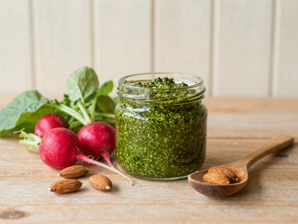 Pesto vert de fanes de radis dans un bocal en verre, entouré de radis et d'amandes