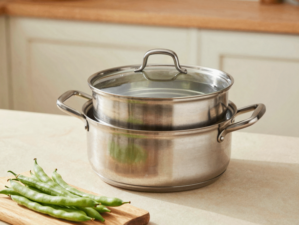 Panier vapeur pliable en inox posé dans une casserole avec un fond d'eau frémissante