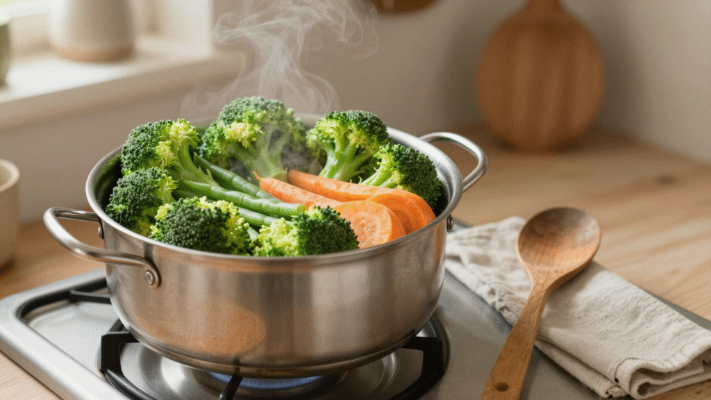 Brocolis, haricots verts et rondelles de carotte dans un panier vapeur au-dessus d'une casserole