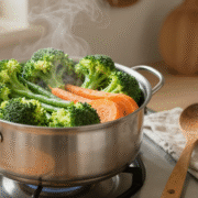 Brocolis, haricots verts et rondelles de carotte dans un panier vapeur au-dessus d'une casserole