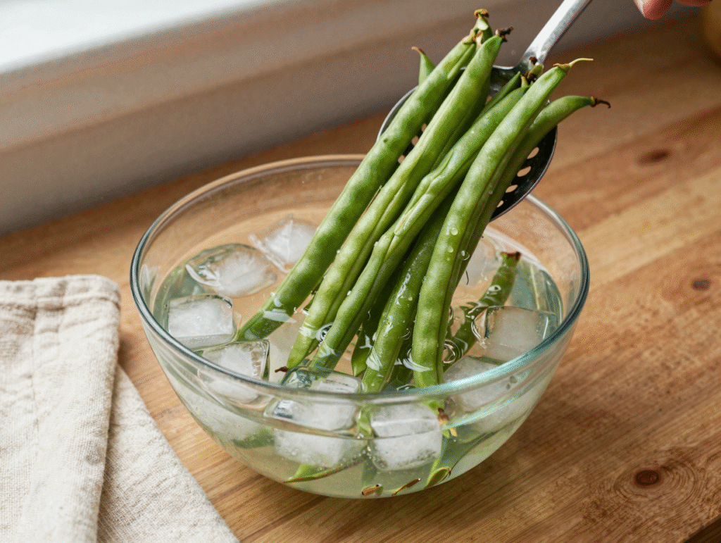 Haricots verts plongés dans un saladier d'eau glacée avec des glaçons