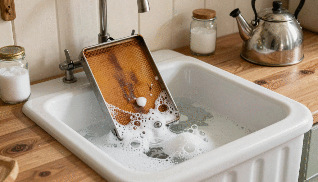 Filtre de hotte graisseux en train de tremper dans un évier rempli d'eau bouillante et de cristaux de soude