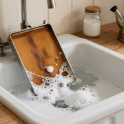 Filtre de hotte graisseux en train de tremper dans un évier rempli d'eau bouillante et de cristaux de soude